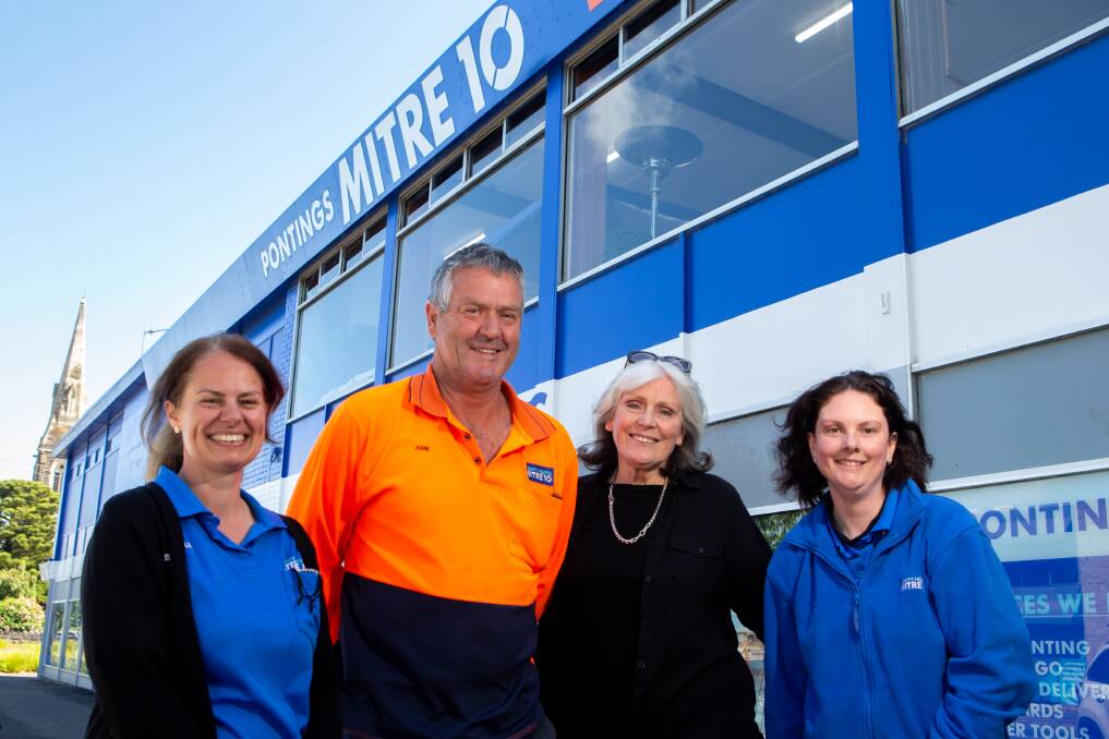 STANDOUT ACHIEVEMENT: Lisa Bartlett, director Pam Madner, director John Ponting, and Kat Ross celebrate Ponting Mitre 10's national award. Picture: Chris Doheny