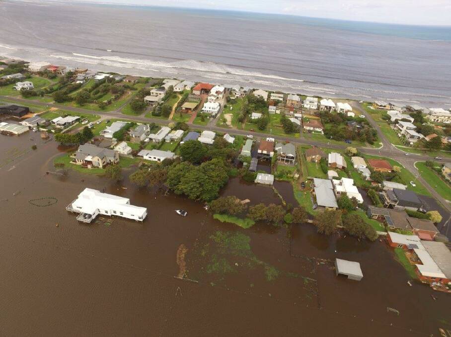 A photo of a flooded Port Fairy taken from a drone flown by emergency services on Saturday. Picture: Supplied
