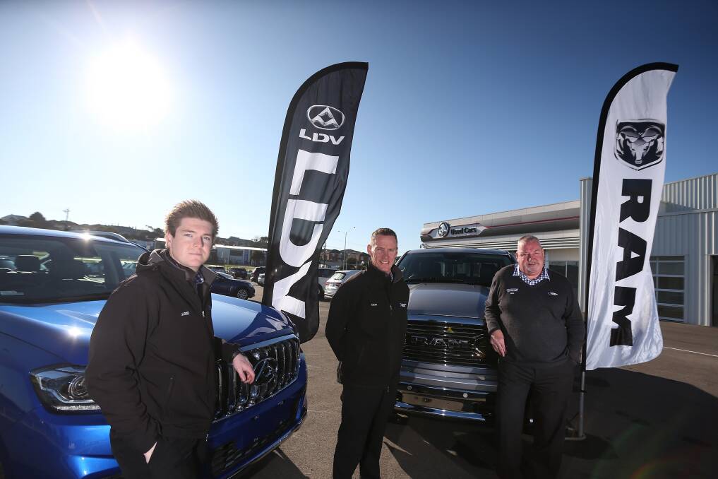 NEW BRANDS: Callaghan motors brand manager Jared Hoy, dealer principal Steve Callaghan and general sales manager Paul Hepburn with the new LDV and RAM vehicles. Picture: Mark Witte