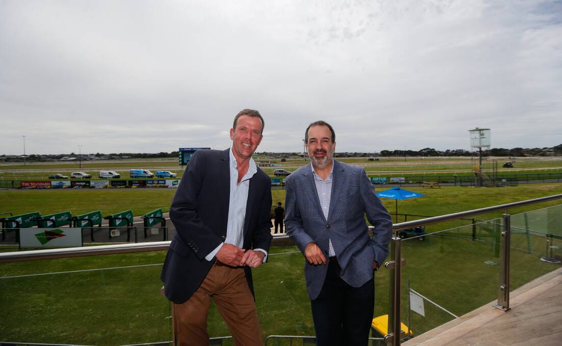 PHOTO FINISH: Federal Wannon MP Dan Tehan and Victorian Racing Minister Martin Pakula opened the Matilda Room extension on Monday. Picture: Anthony Brady