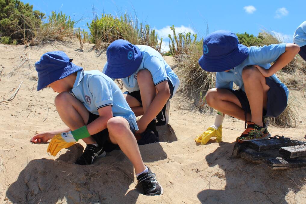 CLEAN BEACHES: Warrnambool East Primary School year three-four students clean rubbish from south-west beaches each term. Picture: supplied