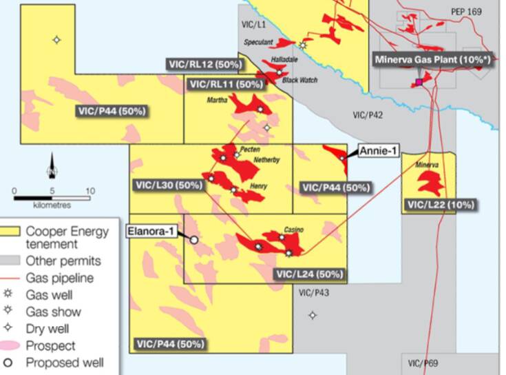 A map showing Cooper Energy gas fields, including the Annie and Elanora sites.