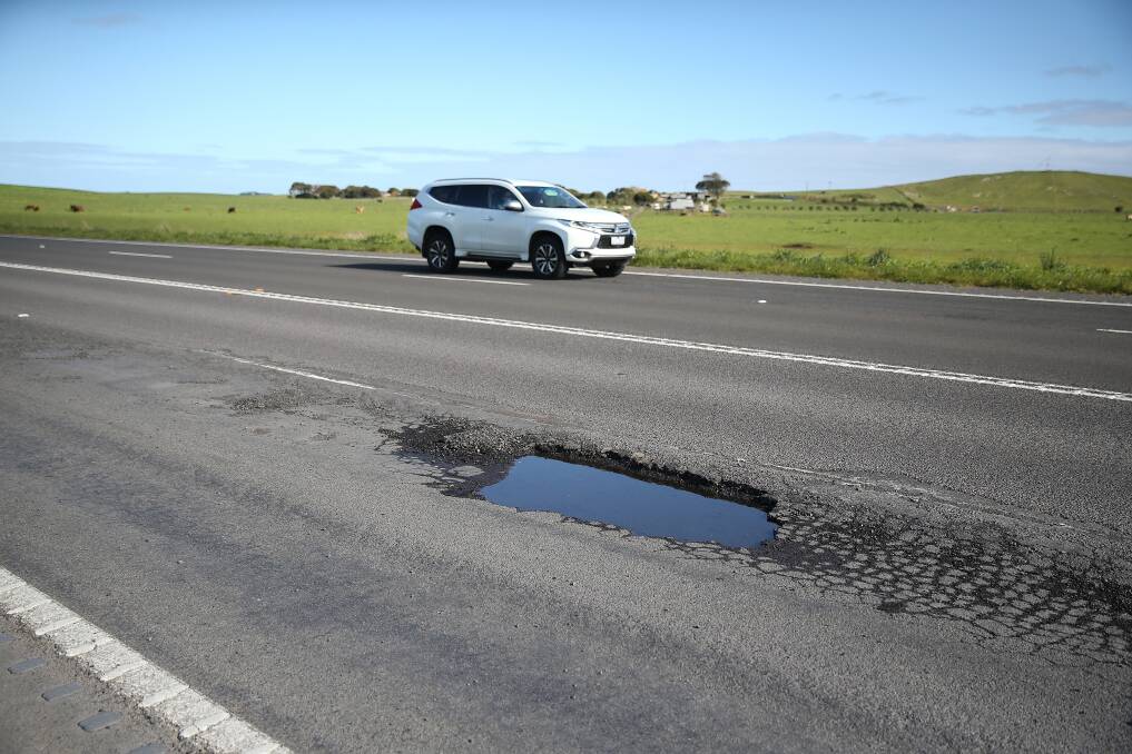 A pothole on the Princes Highway between Port Fairy and Warrnambool. Picture: Mark Witte