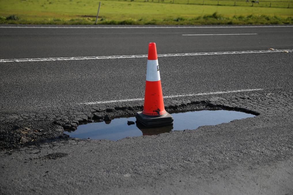 A pothole on the Princes Highway between Dennington and Illowa, where a lane was closed due to the damage. Picture: Mark Witte