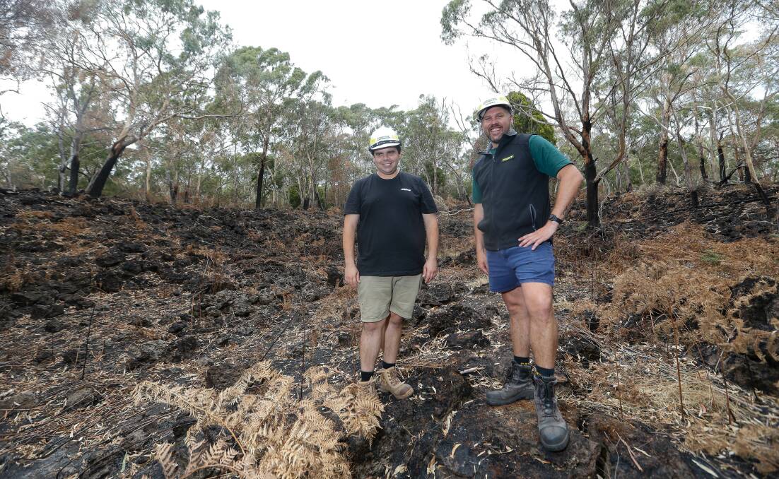 DISCOVERIES: Condah Knowledge and estate officer and traditional owner Micko Bell and DELWP Cultural Heritage Speicalist and traditional owner Leroy Malseed pictured at Budj Bim this year when fire uncovered new sites. Picture: Anthony Brady