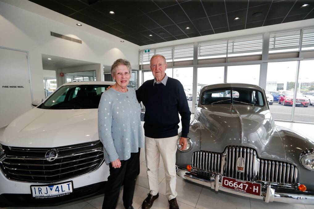 Judy and Leon Miller with their new Holden and their FX 48-215 model. The two Holdens are about 68 years apart. Picture: Anthony Brady