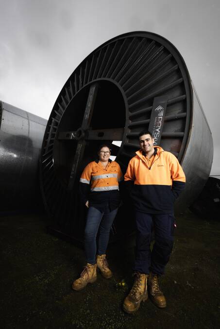 Sara Church and Baxter Howard grew up in south-west Victoria and are among locals to get jobs at the Mortlake South Wind Farm. Picture: Nicole Cleary