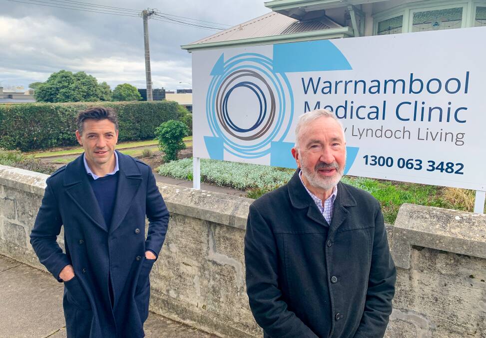 RARE SALE: Real Estate agent Danny Harris and Dr John Philpot at the up-for-sale Warrnambool Medical Clinic site on Liebig Street. Picture: Anthony Brady