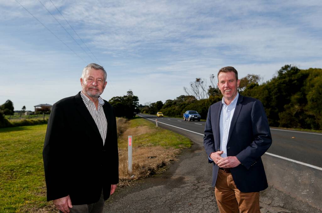 Princes Highway West Action Alliance's Stephen Lucas with Wannon MP Dan Tehan discussing the road's National Land Transport Network breakthrough. Picture: Anthony Brady. 