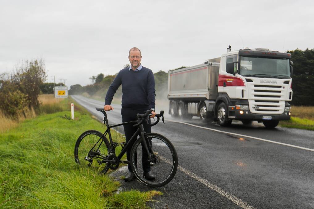 UPGRADE: A stretch of the Wangoom Road between Aberline and Horne roads will be widened to include bike lanes. Warrnambool Cycling Reference Group chair Richard Adams is pictured where the road narrows. Photo: Morgan Hancock