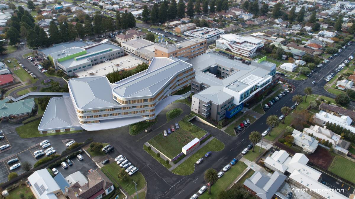 A digital aerial view of the Warrnambool Base Hospital stage two redevelopment released in 2018. 