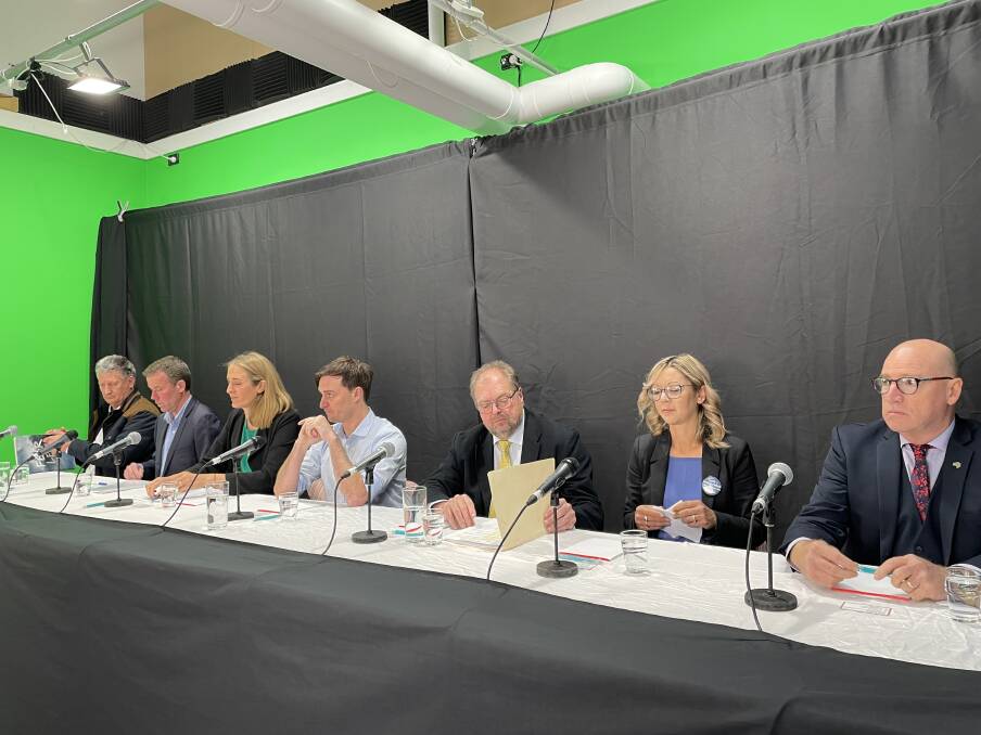 FORUM: Wannon's candidates in ballot order: Independent Graham Garner, Liberal incumbent Dan Tehan, Greens' Hilary McAllister, Independent Alex Dyson, United Australia Party's Craige Kensen, Liberal Democrat Party's Amanda Mead and Labor's Gilbert Wilson. Picture: Kyra Gillespie
