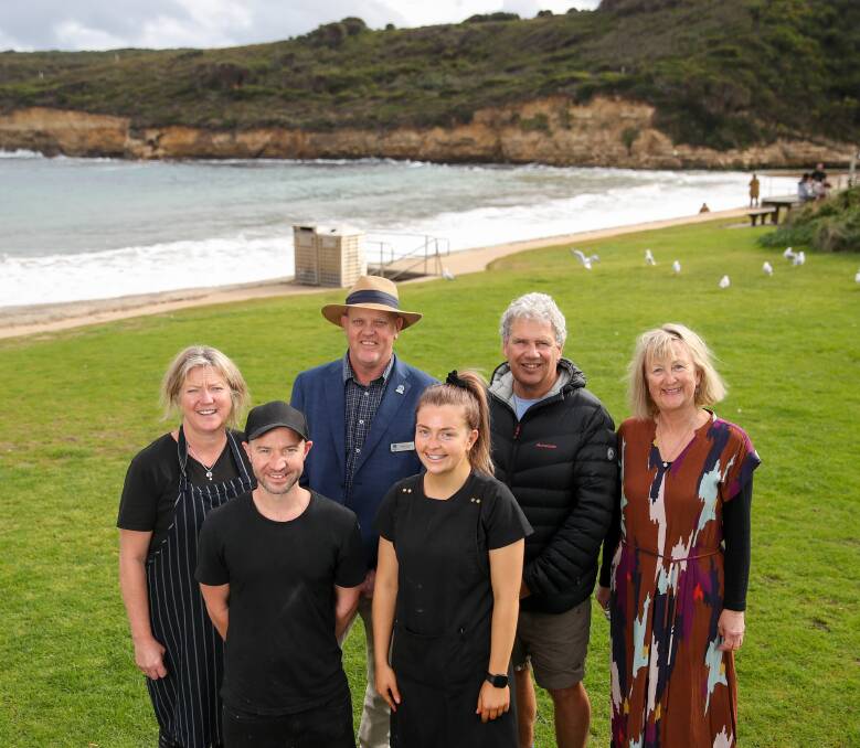 Lisa Togni, Aaron Snibson, Cr Jamie Vogels, Lily Delaney, Jon McLeod and Kayleen Deppeler have welcomed funding to give Port Campbell a new look Picture: Morgan Hancock. Picture: Morgan Hancock