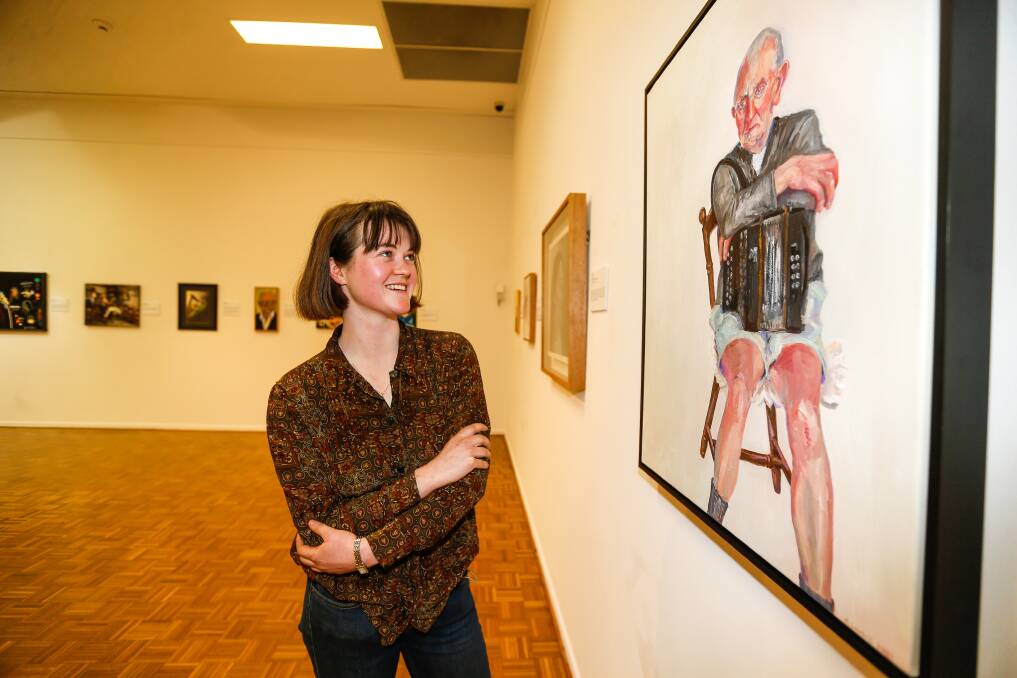Prize: Warrnibald Prize 2021 winner Georgina Sambell with her piece 'Lex Paton' which honours the accordion player and founder of Lex's Shed - an Irish music group formed to raise money for charity. Picture: Anthony Brady