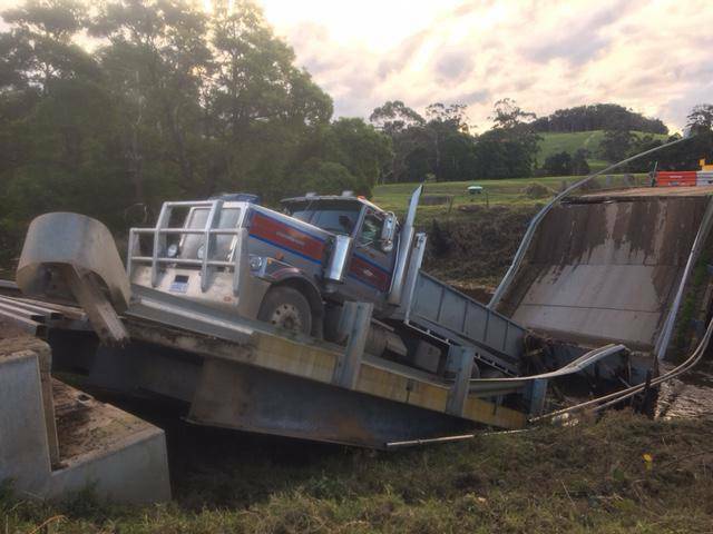 The bridge south of Simpson collapsed while a farmer was driving over it. Picture: Darren Ferrari