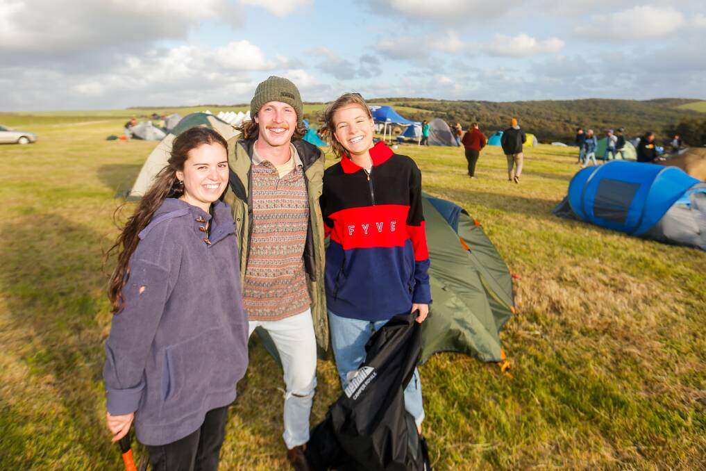 Nicole Anastasiou, Andrew Fitzgerald and Anneke Simmonds set up camp at Loch Hart 2019. Picture: Morgan Hancock