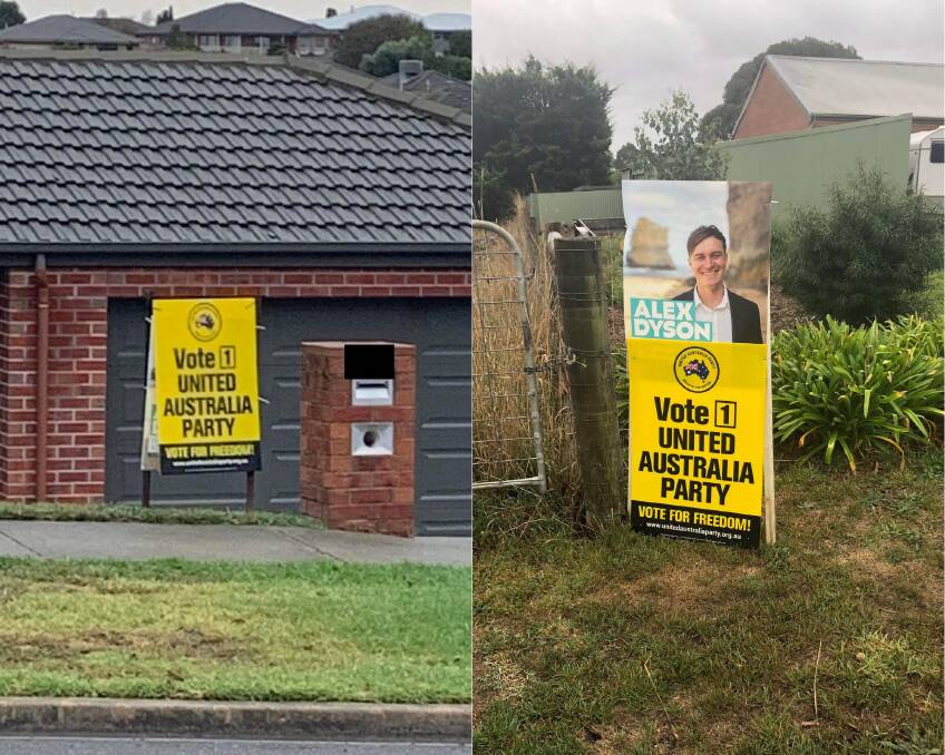 'Get your own spot': Photos show UAP corflutes either partially or totally obscuring those of independent candidate Alex Dyson.
