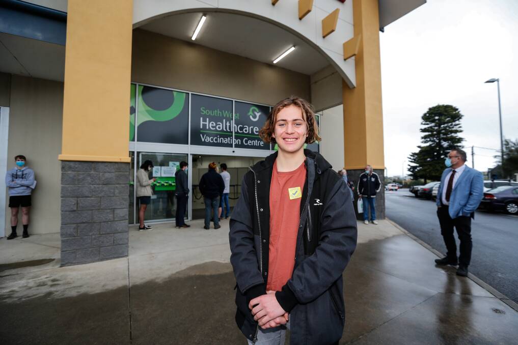 Brauer College Year 11 student Yann Fiedler after receiving his COVID vaccine. Picture: Anthony Brady