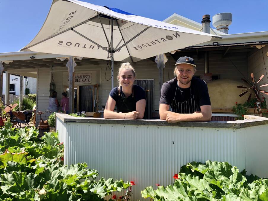 Taneisha Bentley and Jasper Savage from Grassroots Deli Cafe, thanked Port Campbell locals for their support through the pandemic. Picture: Kyra Gillespie