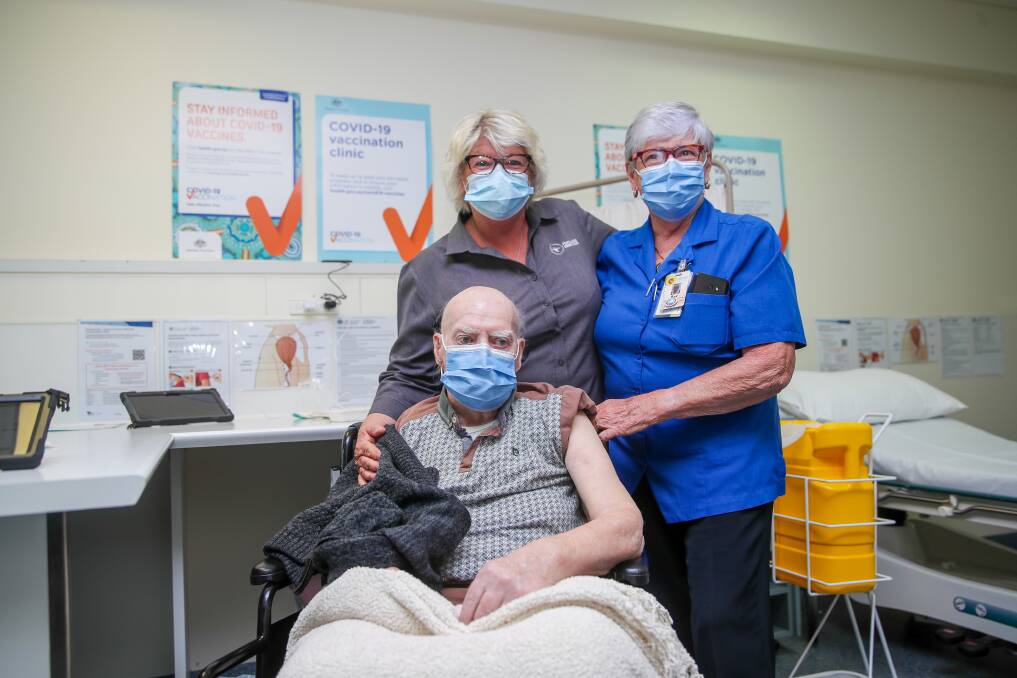 Ted Adams, Deb Adams and Bev McIlroy pose after Deb and Ted were the first people to receive the vaccine in south-west Victoria. Picture: Morgan Hancock