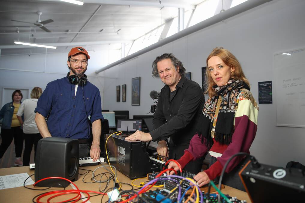 Electronic music: Gus Franklin, Byron Scullin and Janita Foley at One Day Studios ahead of South West MESS. Picture: Morgan Hancock