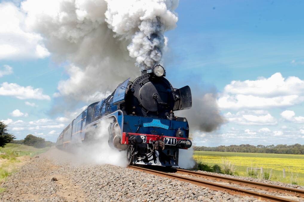 All aboard: The Westcoaster steam train pulls into Warrnambool. Picture: Anthony Brady