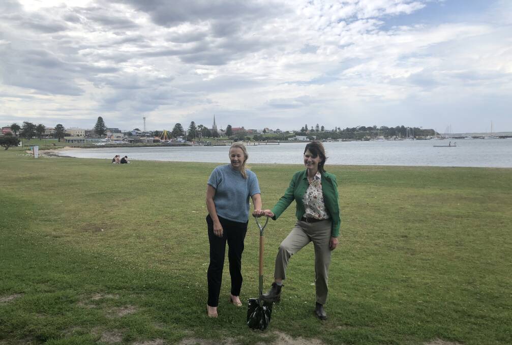 Glenelg Shire Mayor Cr Anita Rank and Minister for Regional Development Mary-Anne Thomas turn the sod on the start of the Portland Foreshore Redevelopment project.