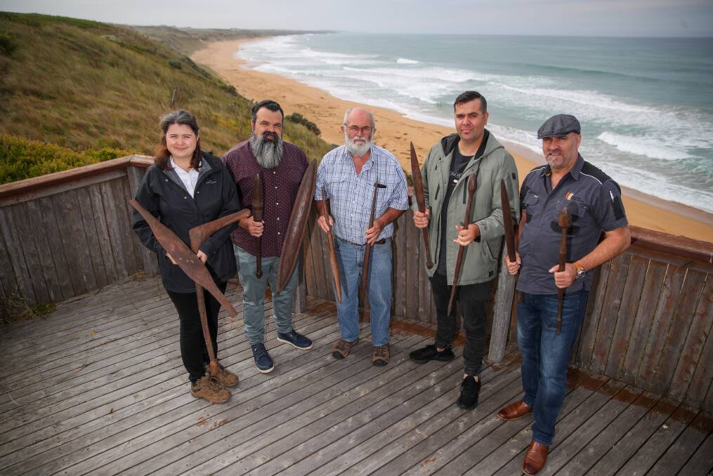 Eastern Maar's Sammy Fidge, Marcus Clarke, Paul Kelly and Craig Edwards with Roger Bilney (centre) who has returned cultural artefacts to Traditional Owners after they were in his family for 100 years. Picture: Morgan Hancock
