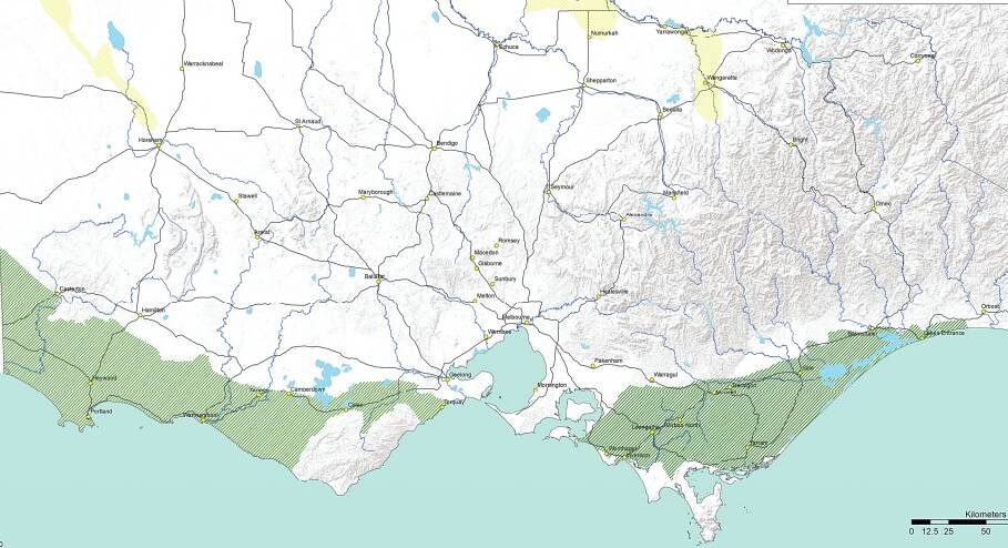The green shading represents 'prospective' areas for onshore gas drilling across Gippsland and the south-west.