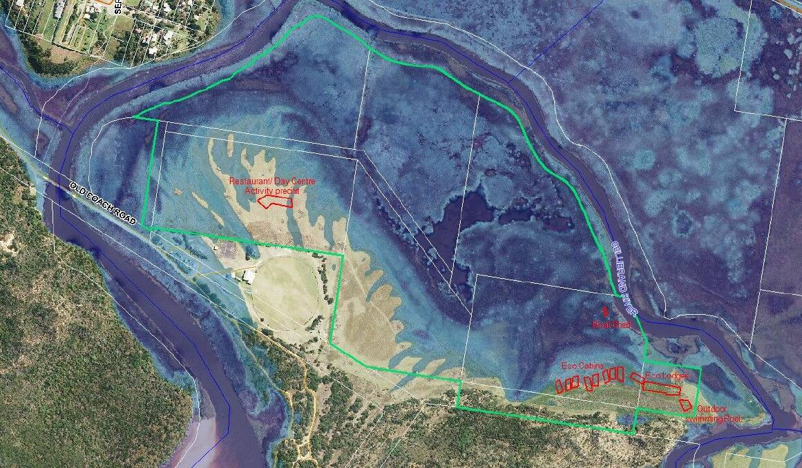 Subject property (green outline) showing 1 per cent AEP flood extent (blue shaded area) and proposed development building outlined in red. Picture: Corangamite CMA 2016