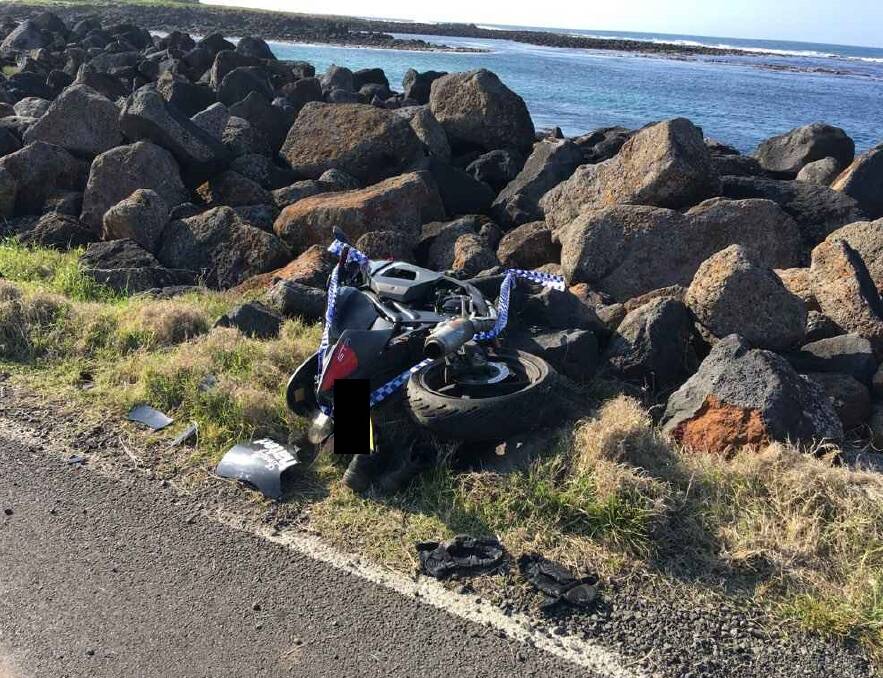 Wreckage: The motorcycle at Port Fairy. Picture: Tim Auld