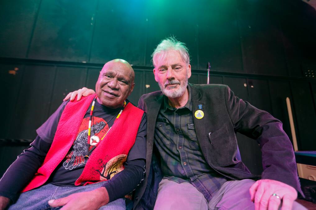  MATES: Archie Roach and Shane Howard at the Crossley Hall. Picture: Anthony Brady