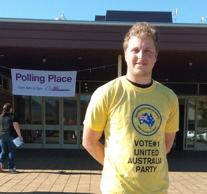 Election day: Wannon United Australia Party candidate Joshua Wallace at the Portland polling centre.