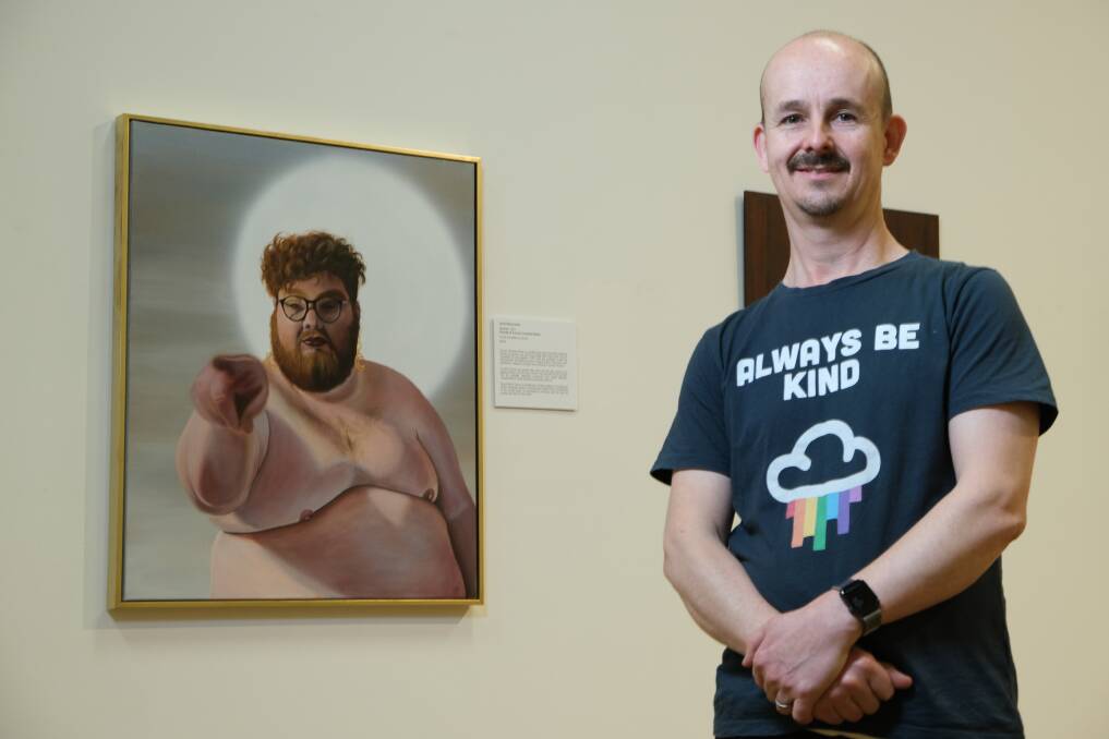 Warrnibald Prize runner-up Jimmi Buscombe with his piece 'Portrait of Connor Ovenden-Shaw'. Picture: Chris Doheny