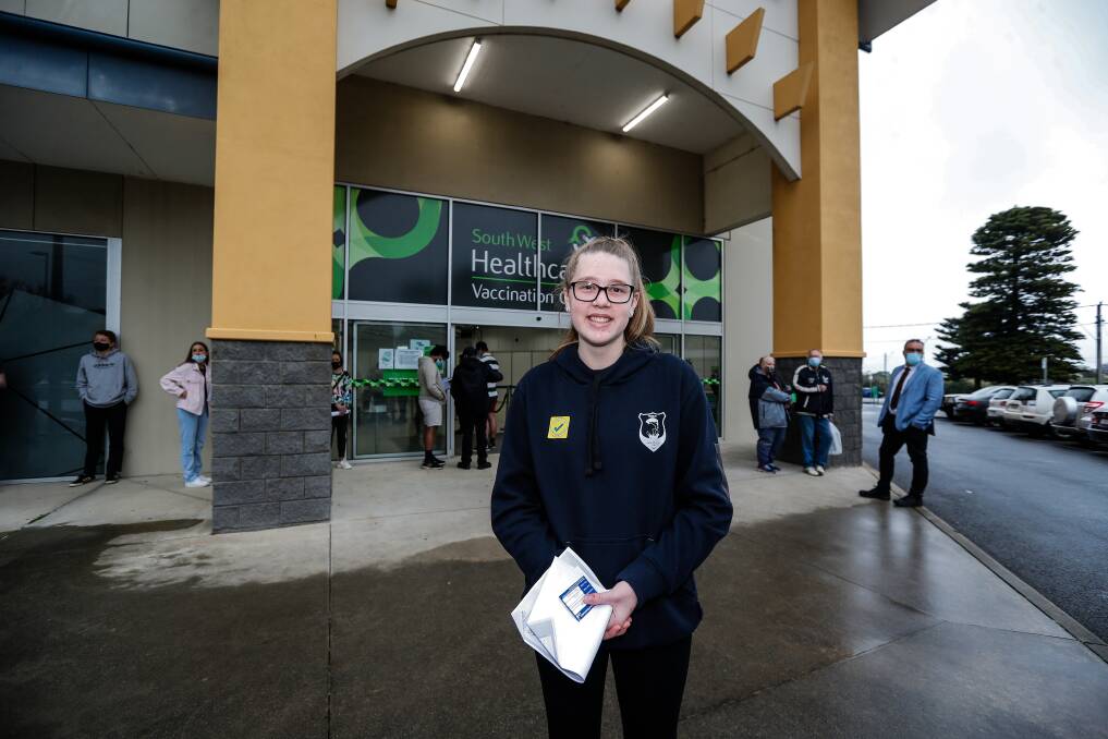 Year 12 Brauer College student Kayla Neave after receiving her COVID vaccine. Picture: Anthony Brady