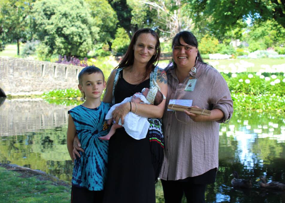 Ebony Primmer with son Ian, 8, and daughter Cissy with SWH Aboriginal health promotion officer Emily Falla. Picture: Kyra Gillespie
