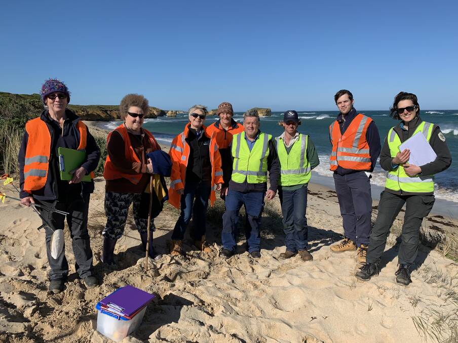 Crofts Bay: Lyndell Driscoll, Helen Langley, Linda French, David Smurthwaite, Andrew Irvine, Jeremy Pike and Amelia Handscombe take part in the coast wattle project.