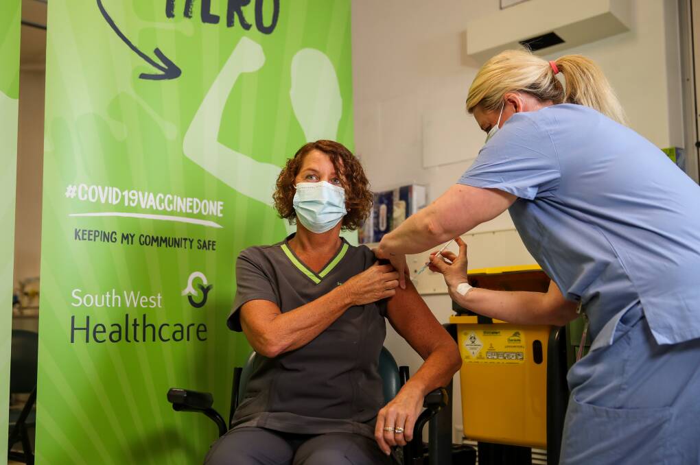 South West Healthcare's Carole Holeman who was the first to receive the COVID-19 vaccine in Warrnambool in March. Picture: Morgan Hancock