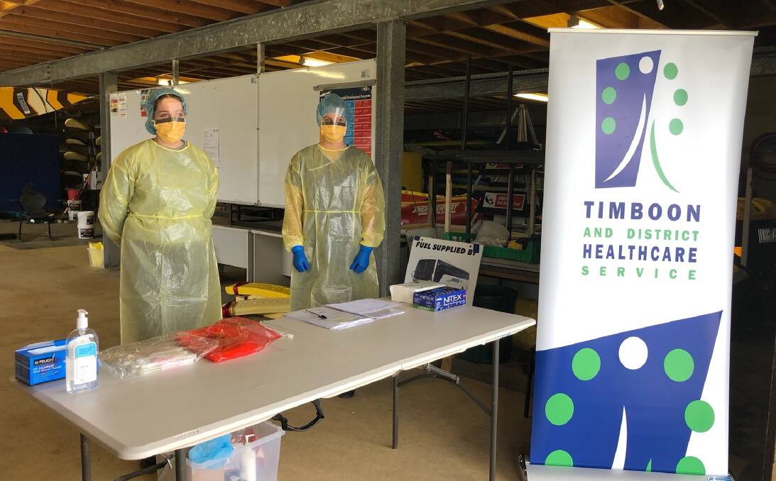 Chelsea Walsh and Rebecca Barling at the screening clinic set up at the Port Campbell Surf Lifesaving Club. Picture: Supplied