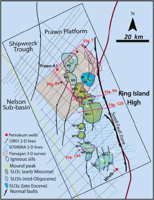 The Prawn Platform is bounded to the south by the Sorell Basin, to the east by the King Island High, to the northwest by the Shipwreck Trough, and to the west by the Nelson Sub-basin at the shelf edge.