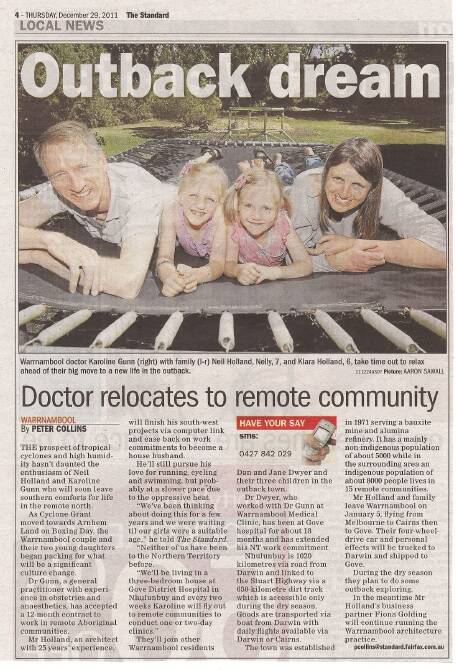 An article in The Standard when Dr Gunn relocated to practice remote Indigenous medicine. 