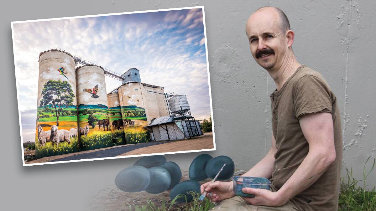 WORK OF ART: Warrnambool artist Jimmi Buscombe will paint Lismore's water tower. INSET: An example of silo art, which has become a popular tourist attraction, in central New South Wales. 