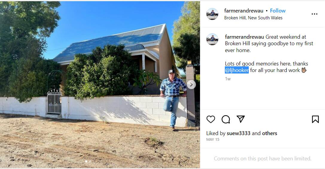 Andrew Coleman took to Instagram to thank his agents LJ Hooker Broken Hill for all their hard work. Photo from Instagram. 
