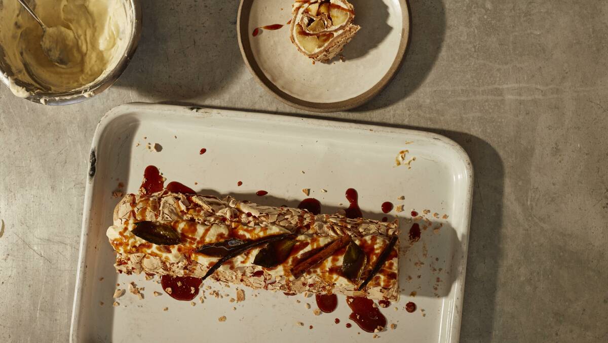 Brown sugar meringue roulade with burnt honey apples. Picture by Elena Heatherwick