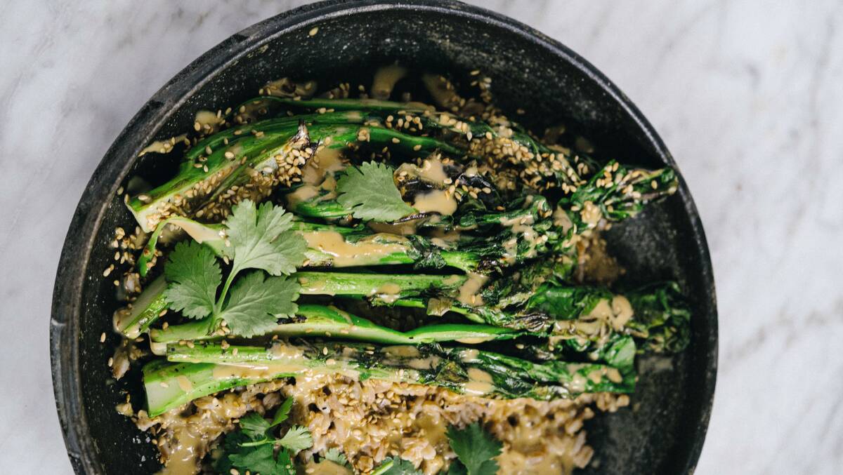 Charred gai larn and farro with soy tahini. Picture by Hetty Lui McKinnon