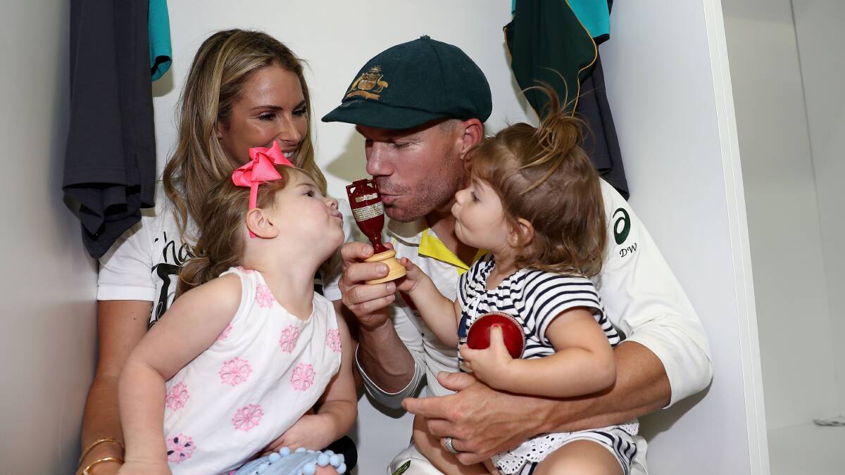 David and Candice Warner and their daughters Ivy and Indi celebrating Ashes series win in 2017/18 in Perth. Picture Getty Images