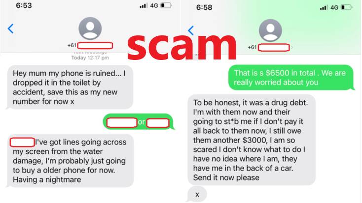 This time around, the messages appear to include an imminent threat to the personal safety of the loved one. Some messages have claimed that they are embroiled in a drug debt and need the money to avoid harm. Picture by Scamwatch