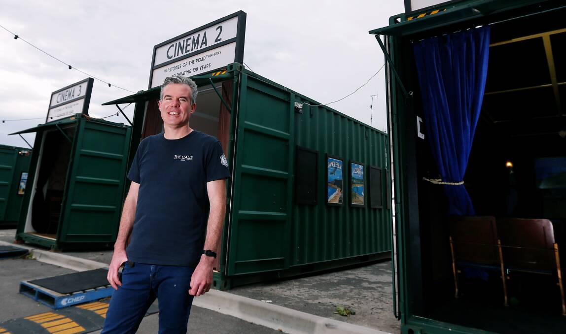 In the box: Cally Hotel's manager Lucas Reid outside the pop-up cinema showing short documentaries about the Great Ocean Road. Picture: Mark Witte