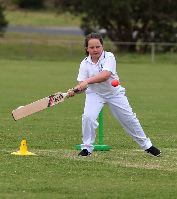 Grassmere batter Taya Irving, 11, keeps her eyes on the ball during the Girls Under 13 game against Russells Creek. Picture: Rob Gunstone