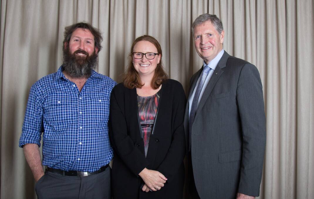 Grinners: 2018 Farm Business Management award winners Kevin and Claire Wines with Bruce Kefford, Chair of the Gardiner Dairy Foundation. Picture: Supplied